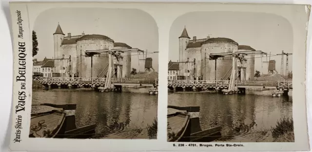 Belgique, Bruges, Porte Sainte-Croix, Vintage silver print, ca.1900, Stéréo Tira