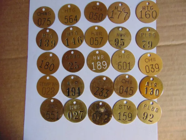 Lot of 25 Vintage 1.5" Round Brass Tags Misc Numbers Industrial Steampunk-BB