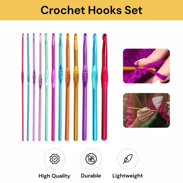 12 Size Multi Coloured Aluminium Crochet Hooks Yarn Knitting Needles 2-8mm Set 2