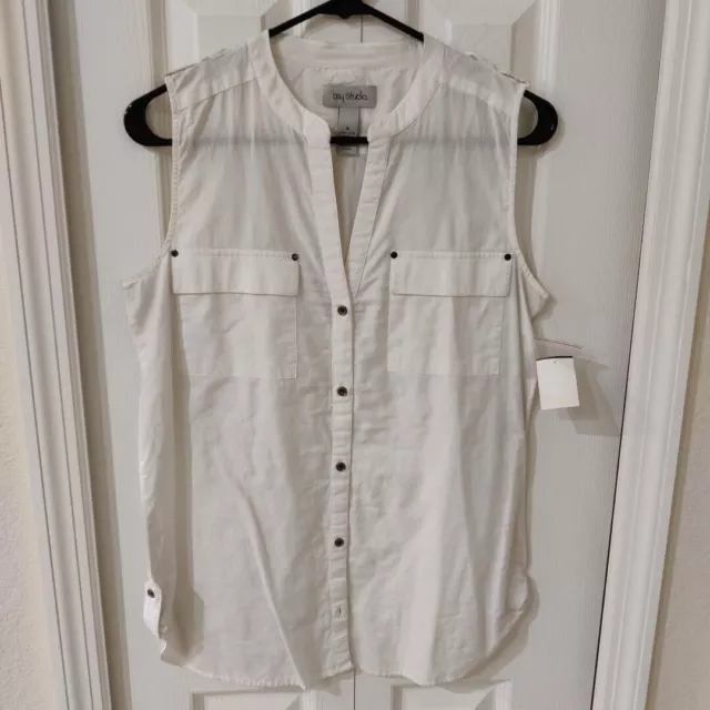 Bay Studio Women's Sleeveless White Cotton Button Down Blouse Top Medium NWT