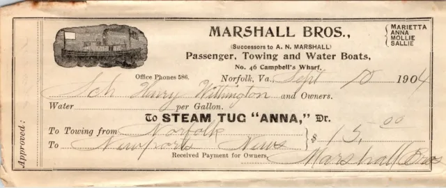 Steam Tug Anna Norfolk VA Marshall Antique Billhead Receipt Maritime Tugboat