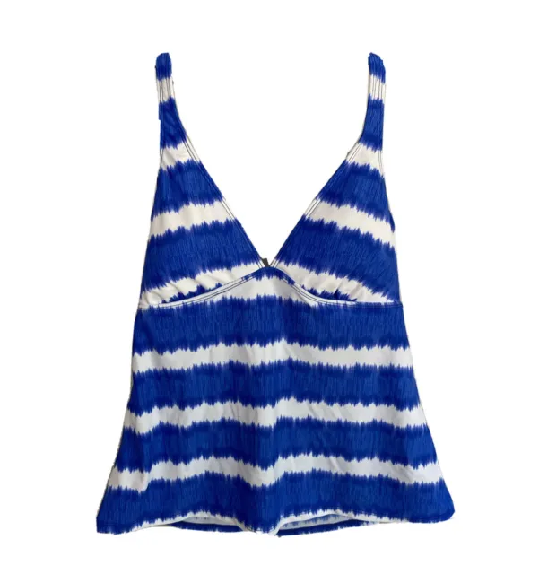 Chaps Swim Halter Tankini Top V-Neck Swimwear Blue White Striped Womens Size 16