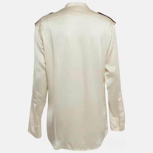 Balmain Off White Satin Silk Embellished Shoulder Patch Shirt S 2