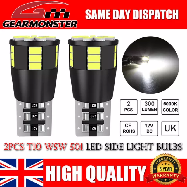 2x T10 501 LED Side Light Bulbs W5W 24-SMD 6000K Bright White Canbus Error Free