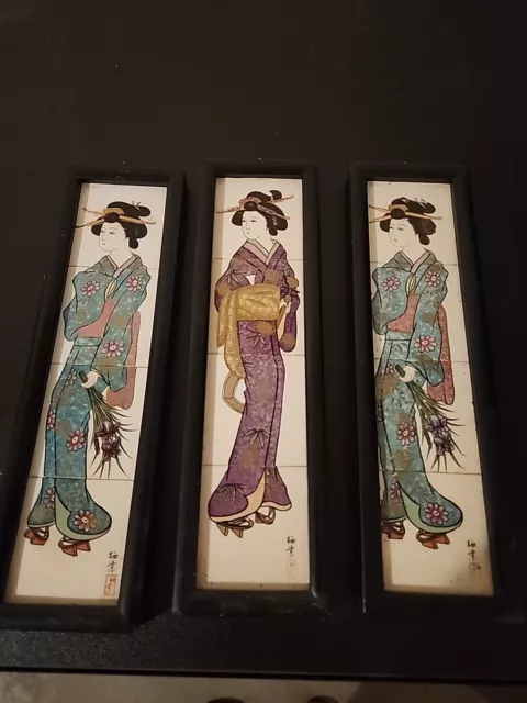 Vintage Geisha Paintings On Tiles Signed Pair Arnart Japan Tea Ceremony Kimono