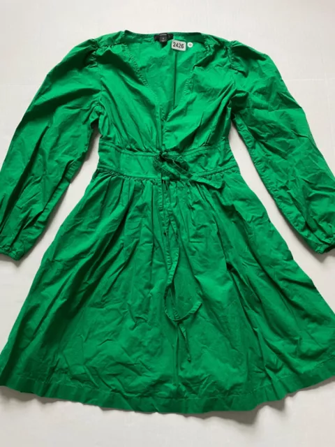 J Crew Dress Womens 0 Green Poplin  Puff Sleeve Drawstring Lined Pockets