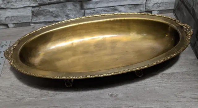 Vintage 16.75" Ornate Brass Metal Footed Oval Serving Bowl Dish Tray
