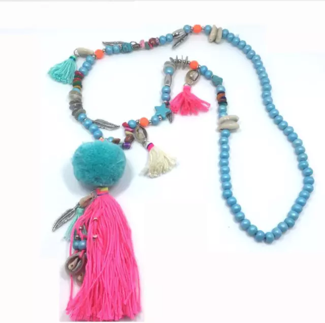 Nepal Ethnic Long Tassel Shell Indian Hippy Pom Pom Beaded Tribal Boho Necklace