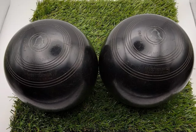 2 x Vintage Henselite Size 5 1/8 Standard Lawn Bowls K Hensell & Son Black