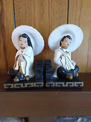 Vintage 1952 Universal Statuary Oriental Boy and Girl Bookends 8" high