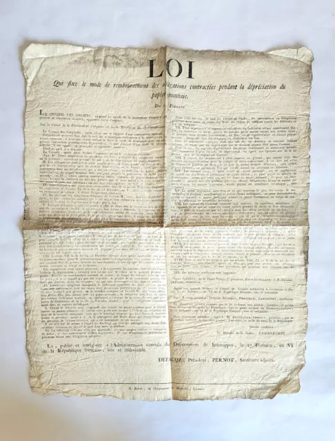 BILLETS DE BANQUE  Affiche placard LOI sur le papier-monnaie 1797