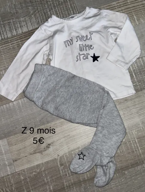 Z 9  MOIS bébé  Fille : Ensemble T Shirt star + pantalon tricot gris