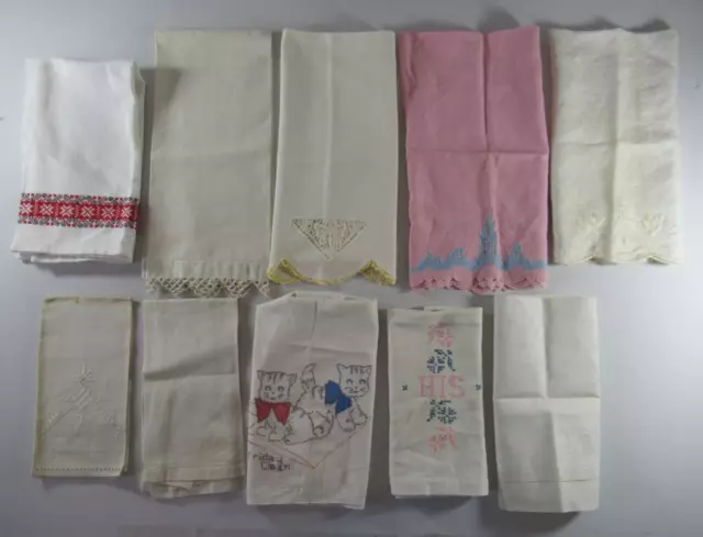 Vintage Tea Towel Lot Linen Cotton Embroidered Crochet Kitchen Cats