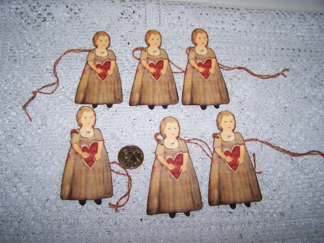 6~Valentine's Day~Primitive~Girl~Fussy Cut~Linen Cardstock~Gift~Hang~Tags~Ornies