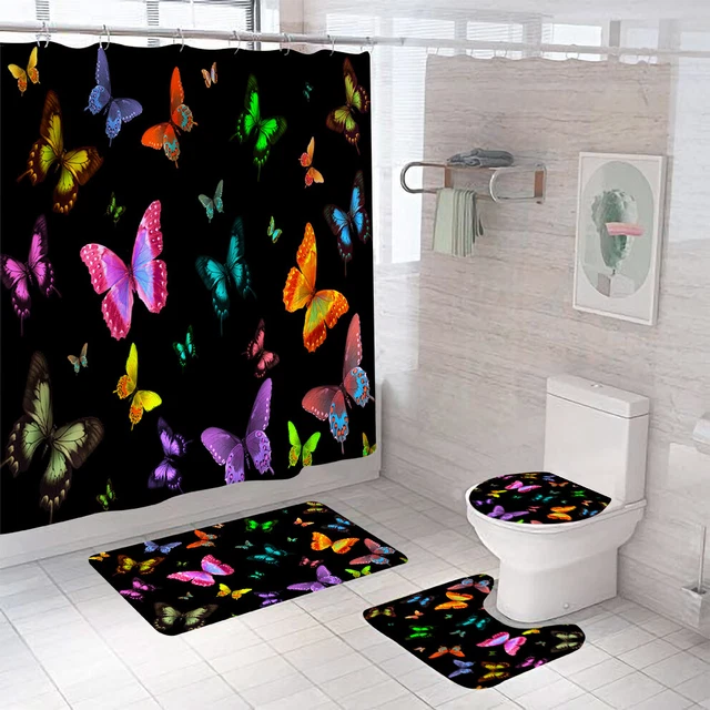 Butterflies Shower Curtain Bathroom Rug Set Bath Mat Non-Slip Toilet Lid Cover