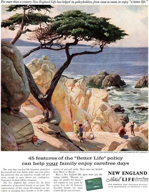 Monterey Coast California TOM LOVELL Lone Pine Painters NEW ENGLAND LIFE 1959 Ad