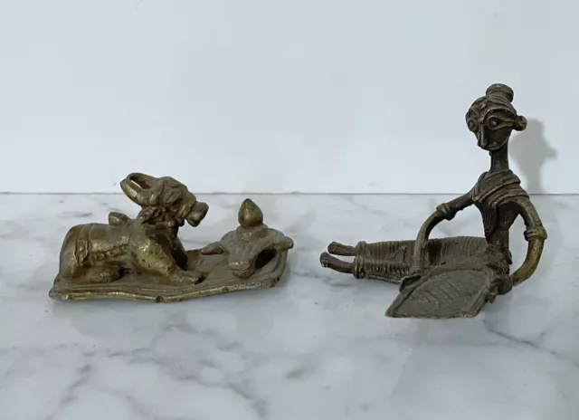 Two Old Metal Hindu Figurines - Holly Cow And Seated Female Figure - From India