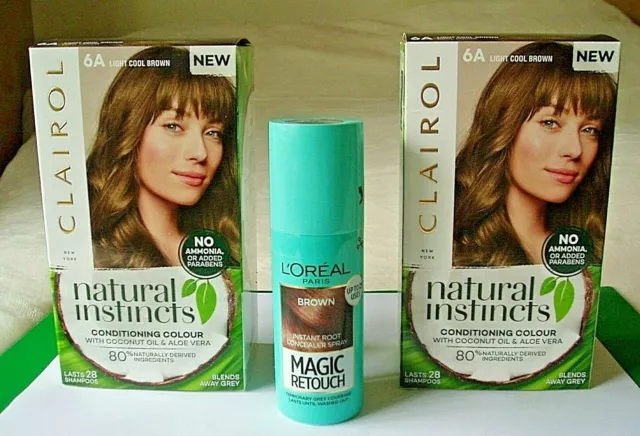 NEW-2 CLAIROL Hair Colour 6A Light Cool Brown + 1 L'Oreal Magic Retouch-Brown
