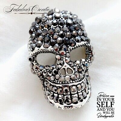 Gothic Silver Head Skull Brooch Black Crystals Pin Small Vintage Style Punk Gift