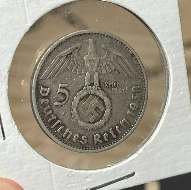 1938 E German Nazi 5 Marks Silver World Coin