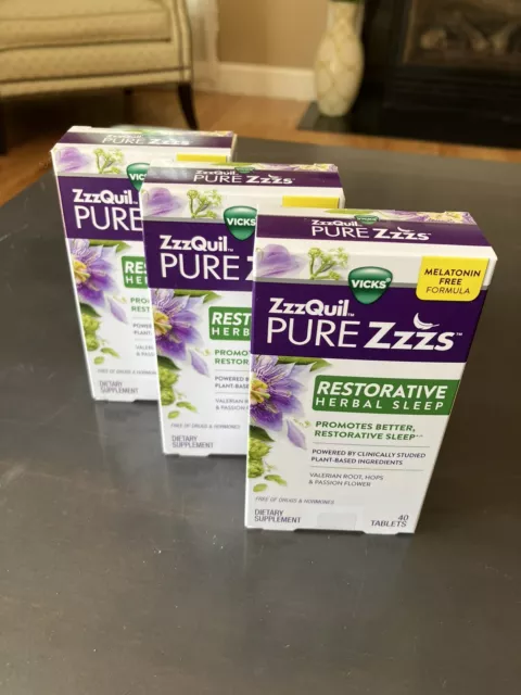 3 cajas Vicks Zzzquil Pure Zzzs Restaurativo Sueño Herbal 40 pestañas Cada una Expiración 12/23