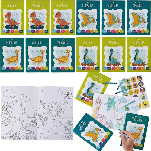 12 Mini Malbücher für Kinder DIN A5 Dinos +Sticker & 48 Buntstifte Mitgebsel