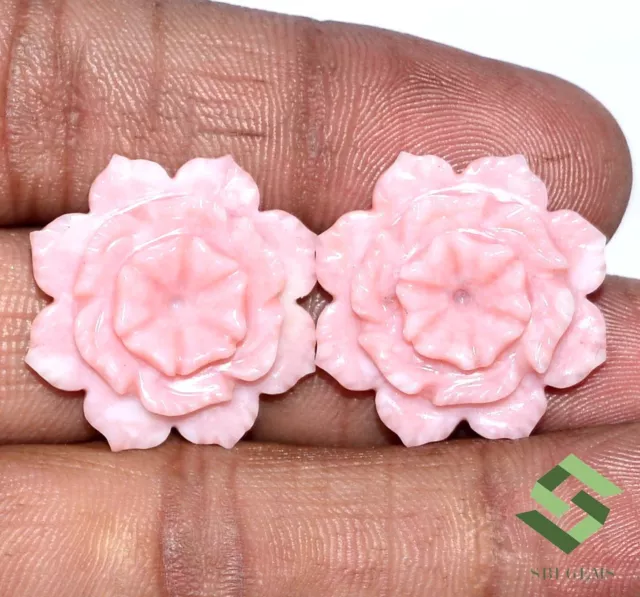 22x22 mm Natural Pink Opal Handmade Carving Pair 28.52 CTS Flower Shape Gems