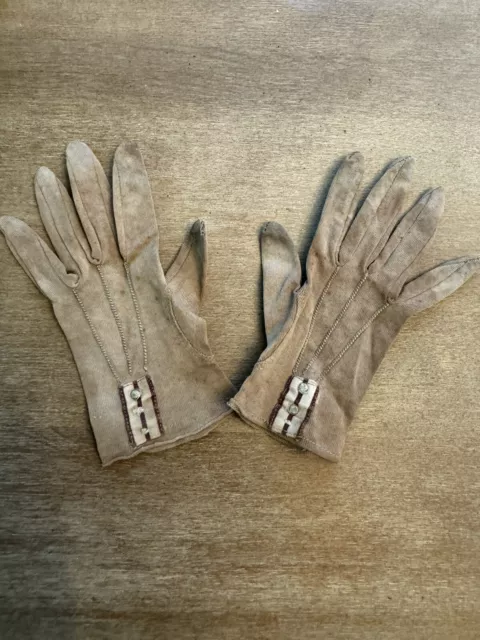 ANTIQUE VICTORIAN BROWN Leather Girl's Gloves As Is w Losses Stuck ...