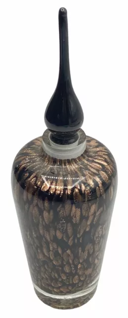 Vintage 7.5” Tall Silvestri Black And Gold Iridescent Art  Glass Perfume Bottle
