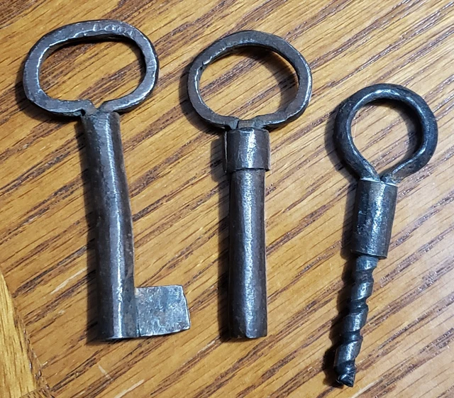3 antique primitive hand forged Skeleton Keys from Plymouth, MA. Wicked Old Keys