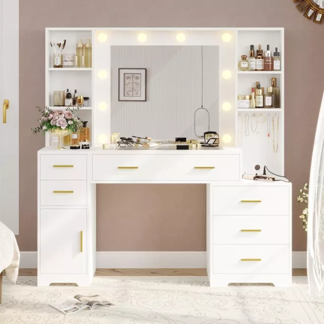 Large Vanity Desk with Lighted Mirror &Power Outlet, Vanity Table with 6 Drawers