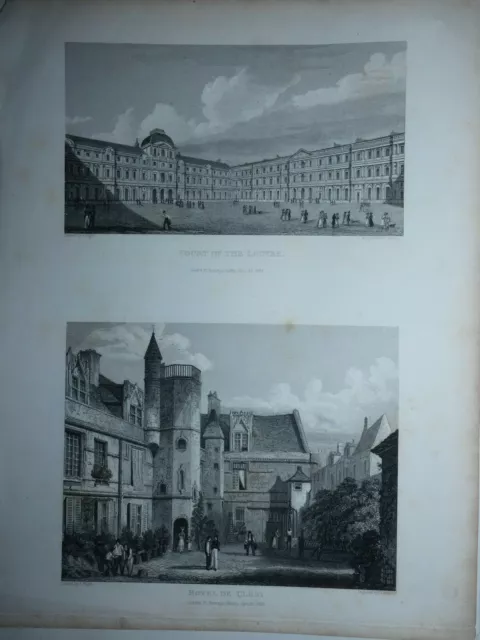 2 gravures anglaises Cour du louvre et hotel de cluny mi XIXeme