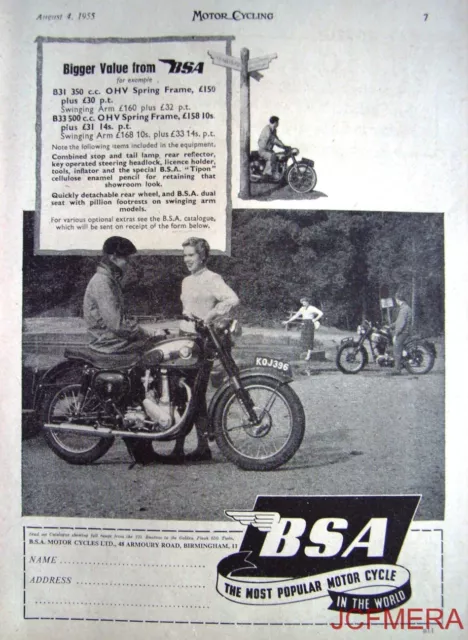 1955 Motor Cycle ADVERT: B.S.A. '350 OHV Model B31 & 500 OHV Model B33' Print AD