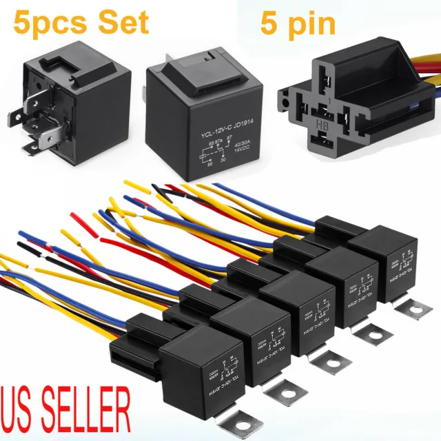 5 Pack 12V 30/40 Amp 5-Pin Automotive Relay Set with Wires & Harness Socket