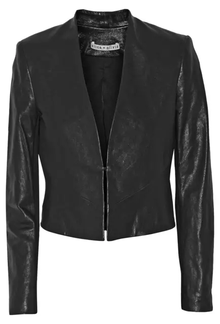 Alice + Olivia Amaya Women's Lamb Leather Open Front Cropped Jacket Black Size S