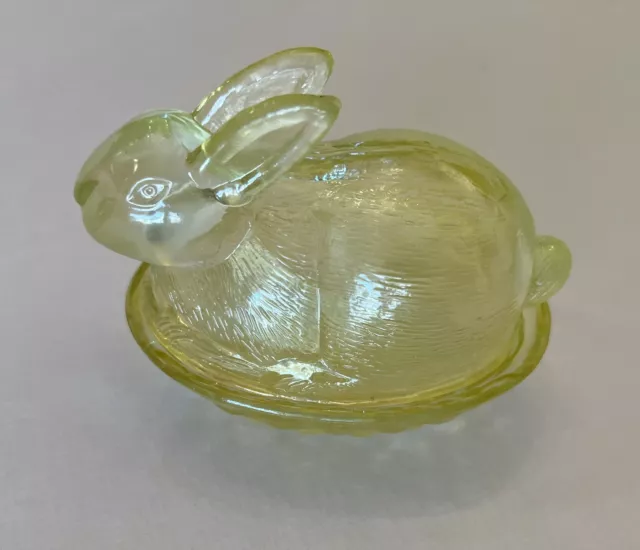 Vintage Yellow Glass Rabbit on Nest Bunny Basket Candy Trinket Dish
