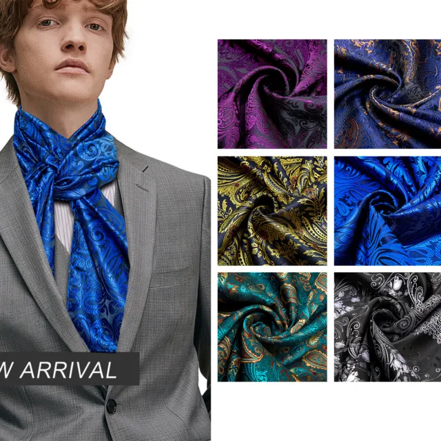 Mens Silk Scarves Long Stain Designer Italy Gold Paisley Shawls Neck Wrap