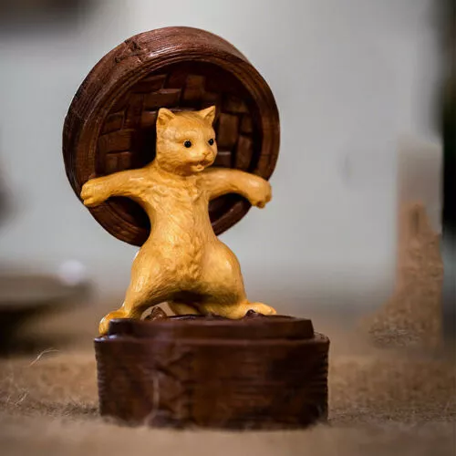 2.5 Inch Hand Carved Boxwood Walnut Carving - Lovely Cat
