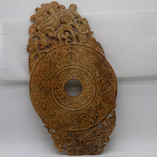 Chinese hand carve jade openwork Bi Disc with Chi dragon phoenix grains D237
