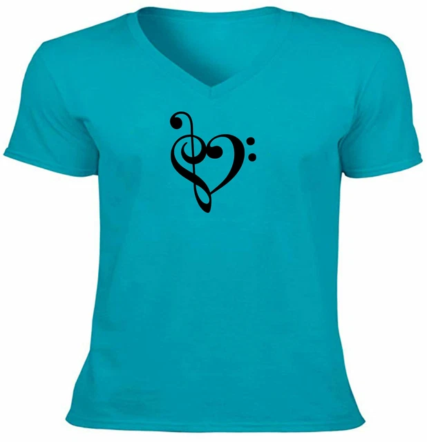 Love Music V-neck Tee T-Shirt Printed Graphic Treble Clef Shirt Bass Clef Heart