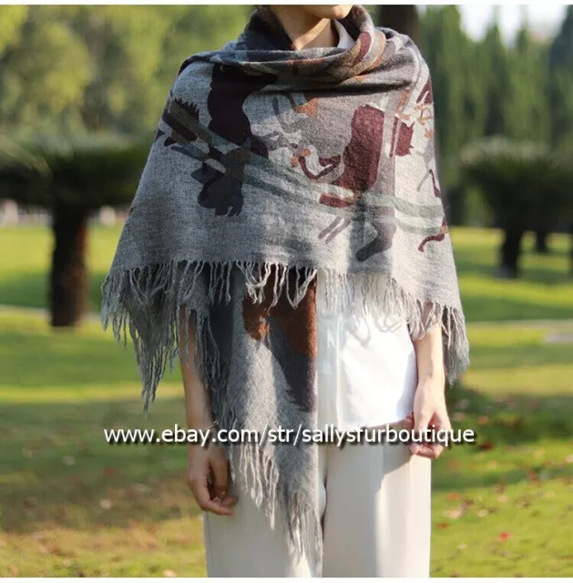 Sallys Boutique Luxury Cashmere Shawl Wrap Cape Horses Printed Blanket Grey 51" 2
