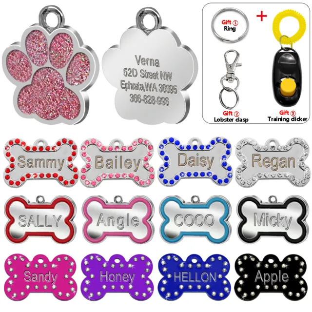 Étiquettes canines personnalisées gravées chat chiot animal de compagnie nom collier étiquette os/patte paillettes