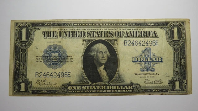 $1 1923 Silver Certificate Large Bank Note Bill Blue Seal One Dollar FINE+