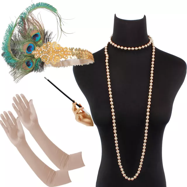 1920s Peacock Feather Gatsby Headpiece Flapper Headband Pearls Necklace Gloves
