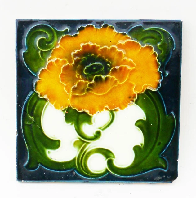 Original 6" x 6" Antique High Relief Majolica Art Nouveau Tile
