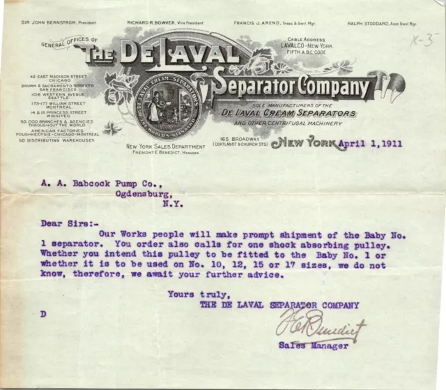 DELAVAL SEPARATOR CO New York NY 1911 Letterhead Cream Separators ...