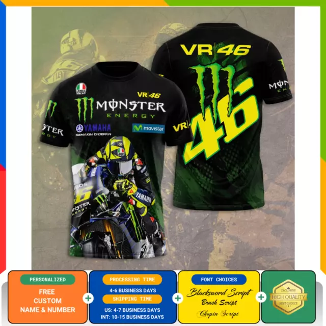 Personalized Valentino Rossi VR46 Racing MotoGP 3D Printed T-Shirt Size S-5XL