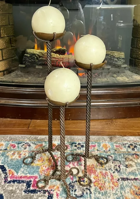 Vintage Hand Forged Copper And Twisted Wrought Iron Candleholders Set Of Three