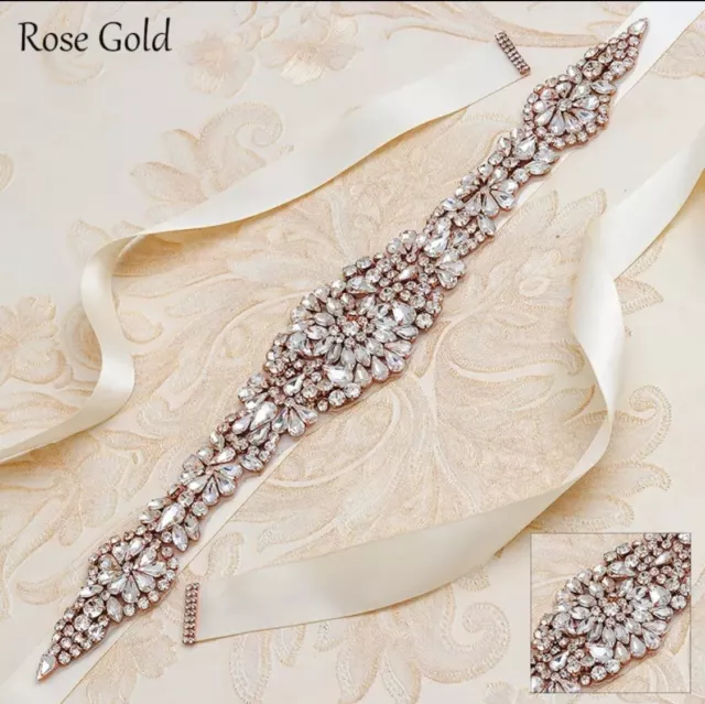 Bridal Wedding Rose Gold Rhinestone Crystal Encrusted Sash Dress Ivory Belt