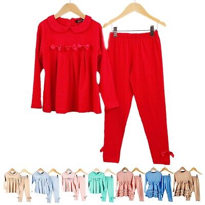 Girls Loungewear Tracksuit Top & Leggings Set Bow Pleated Frill 2pc Outfit 2-10Y